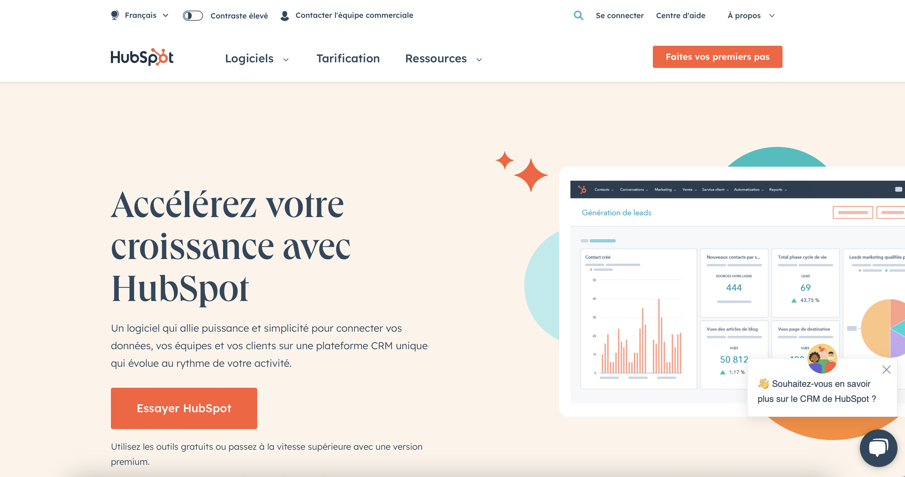 L'interface d'accueil du site Hubspot, outil qui utilise l'intelligence artificielle