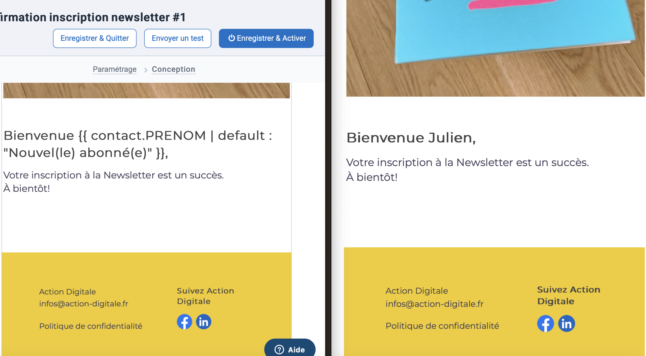 screenshot, attribut de contact avec sendinblue pour le prénom dans un email