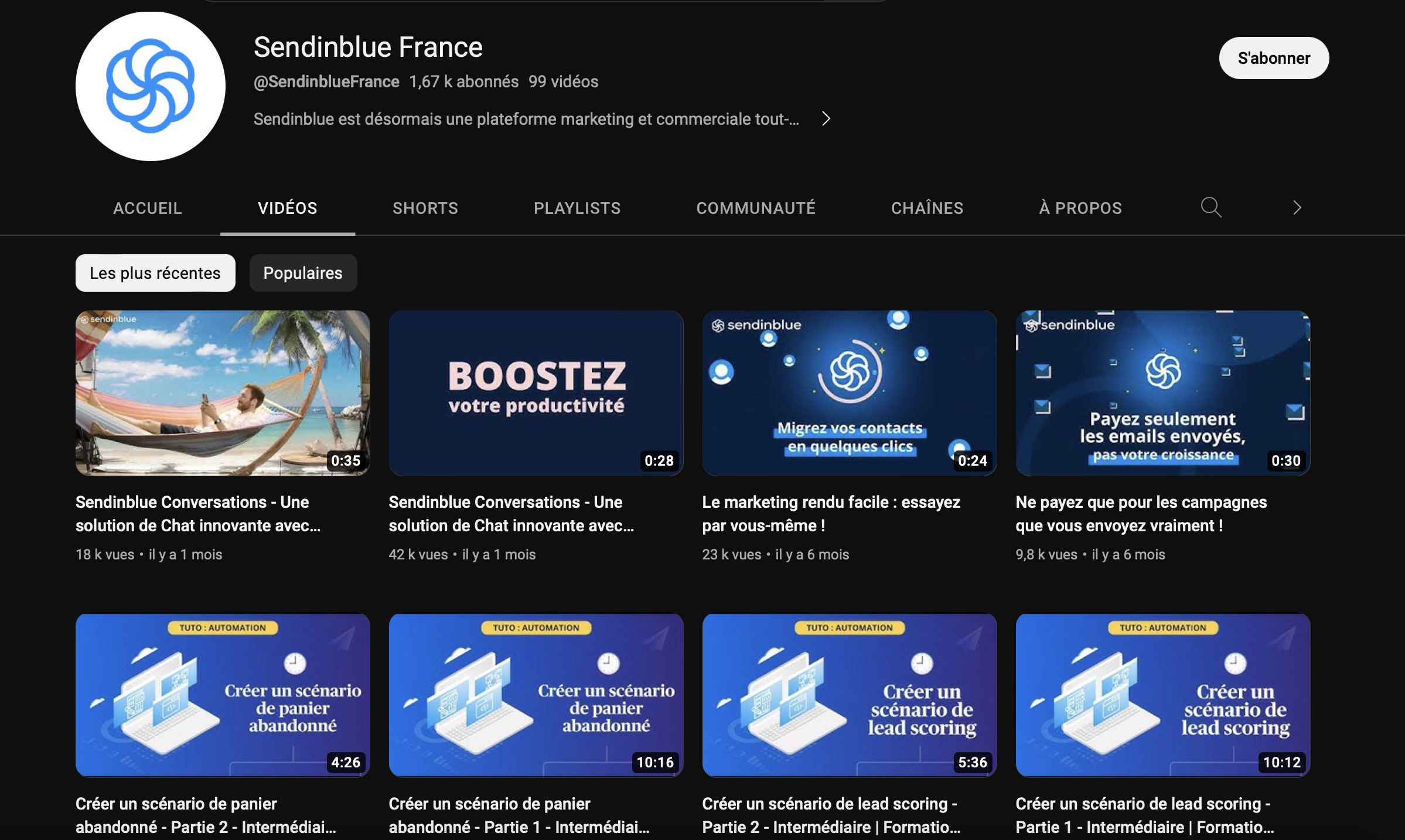 Page YouTube de sendinblue avec tous les tutos pour faire des campagnes emailing