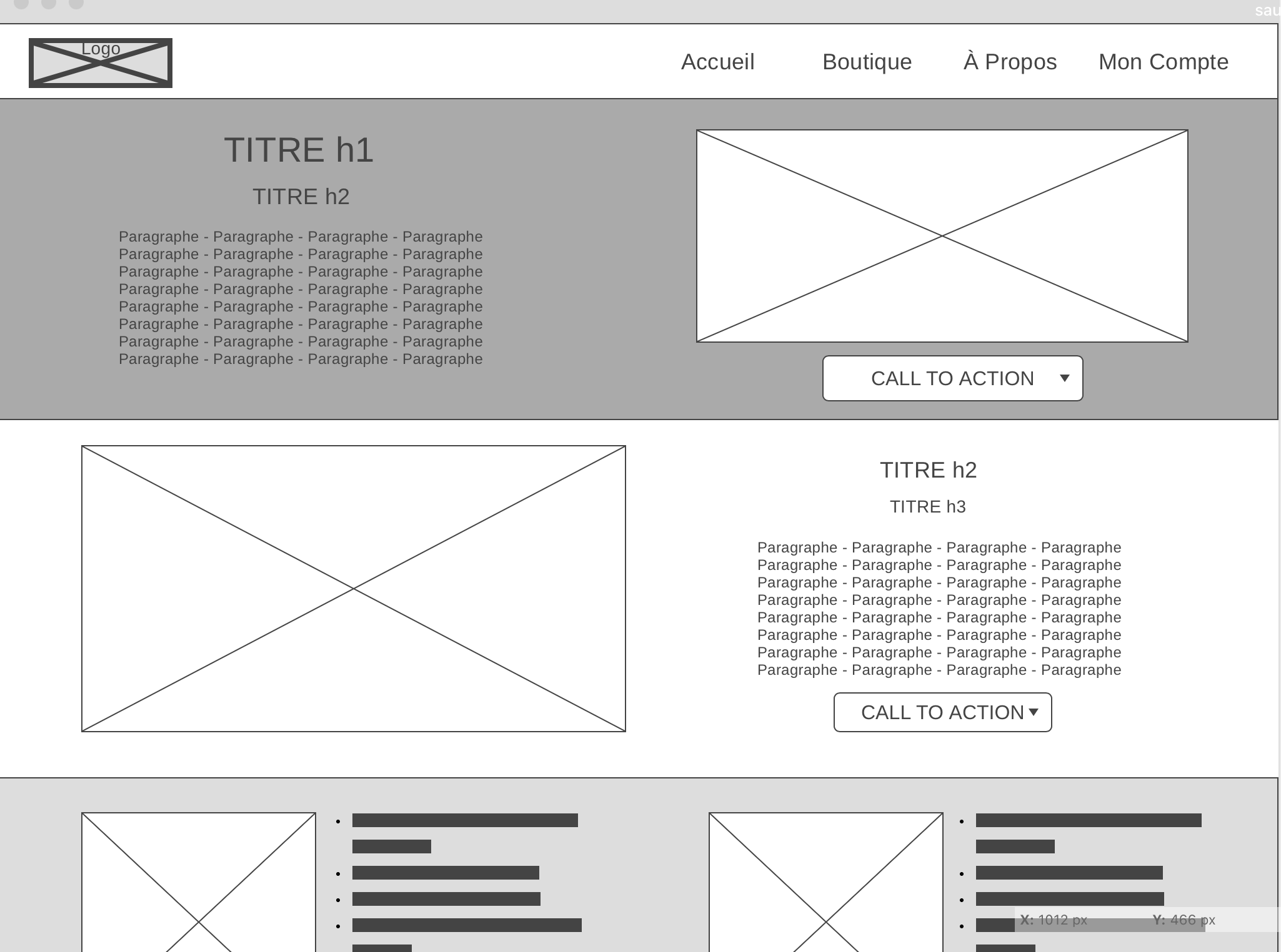 Schéma da la page d'accueil d'un site crée sur Wireframe.cc