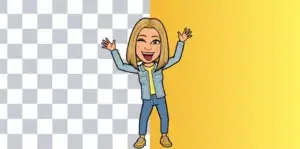 personnage féminin blonde qui fait la pose, derrière elle la moitié de l'arrière plan est en carré gris et blanc du type png, l'autre moitié est de couleur jaune