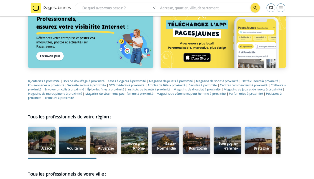 interface du site les pages jaunes, pour la recherche locale, trouver des professionnels dans votre région ou votre ville et gagner en visibilité