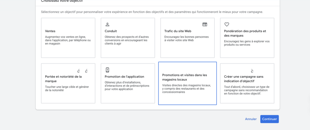 plateforme google ads avec choix d'objectif de campagne: Promotions et visites dans les magasins locaux