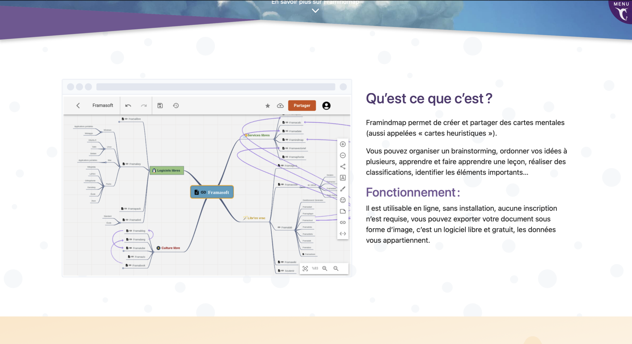 interface framindmap pour créer une arborescence pour site web