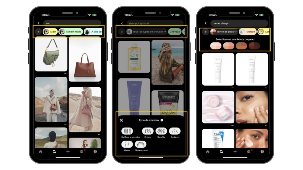 smartphone avec filtres Pinterest à l'écran