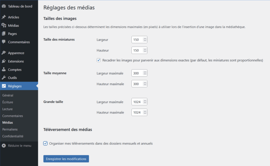Images des parametres des images sur wordpress