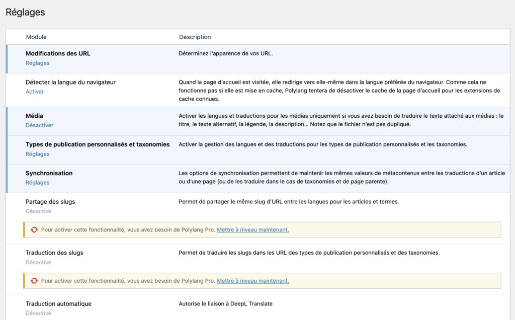 interface réglages Polylang